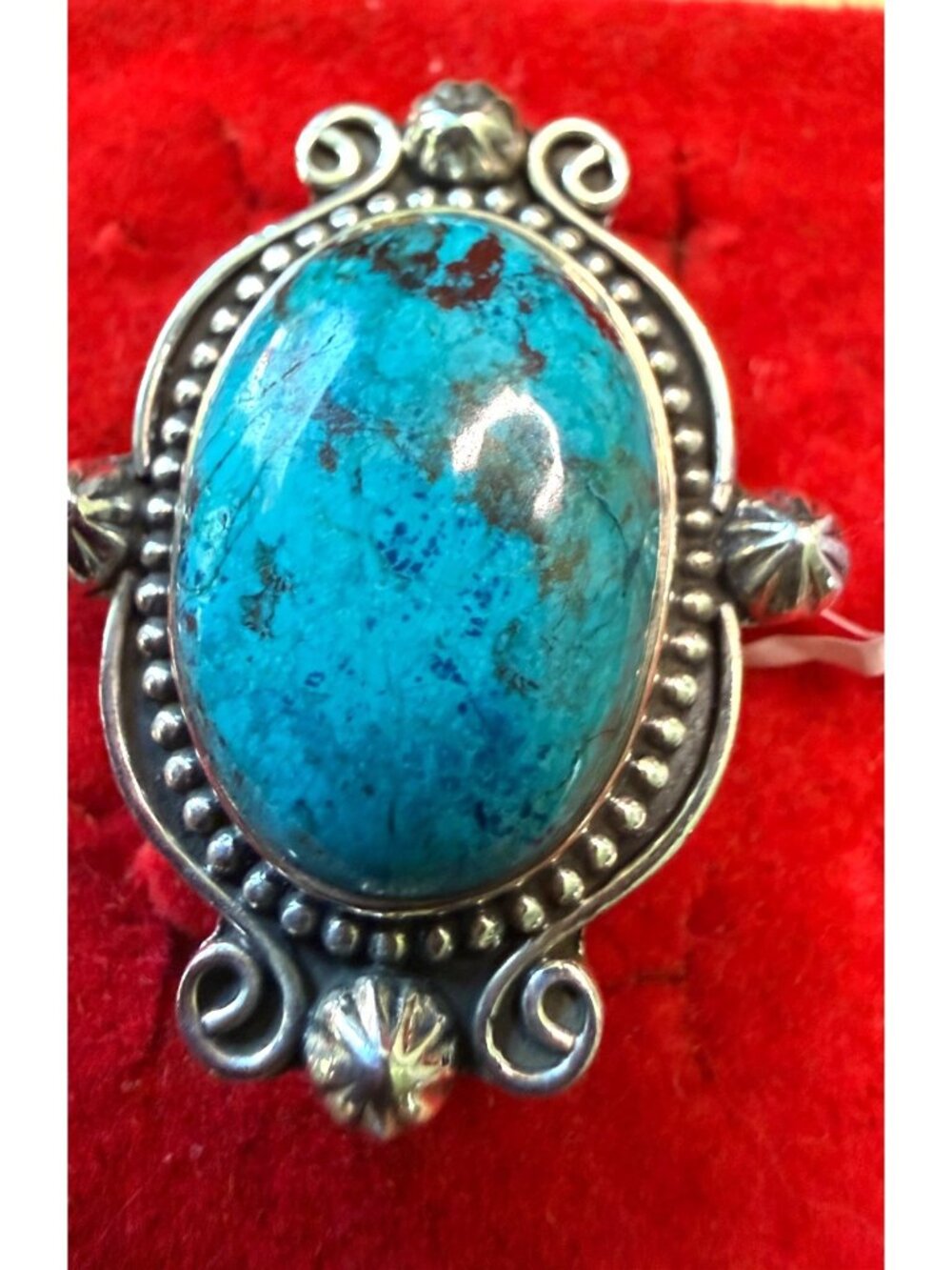 Chrysocolla Sterling Silver Ring Size 9 Ornate Oval Design